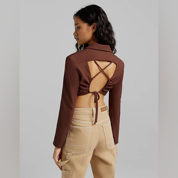 Bershka Brown Open Back Strappy Crop Blazer XL NWT - Picture 3 of 9